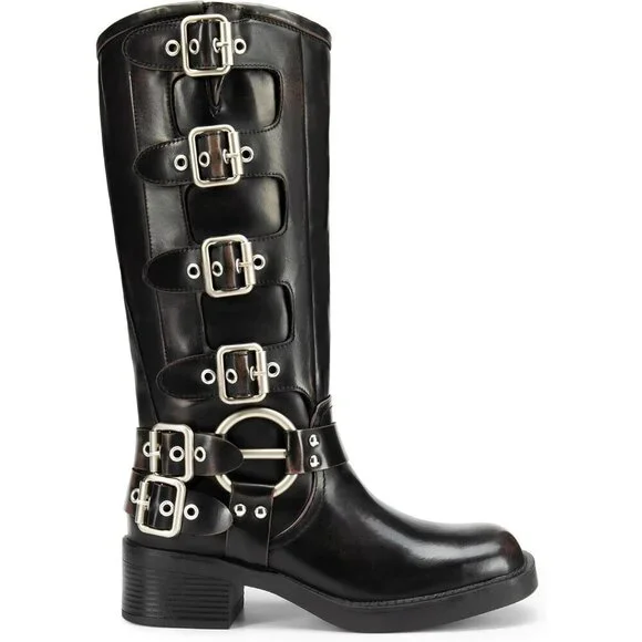 Women's Knee High Riding Boots Slip On Motorcycle Boot Fashion Buckle Biker Boot - Picture 3 of 7